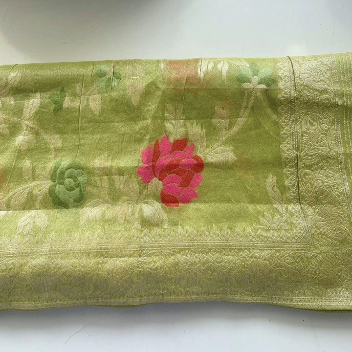 anokherang Dupattas Lime Green Floral Tissue Dupatta