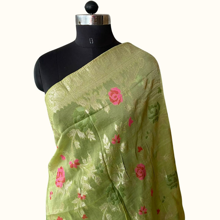 anokherang Dupattas Lime Green Floral Tissue Dupatta