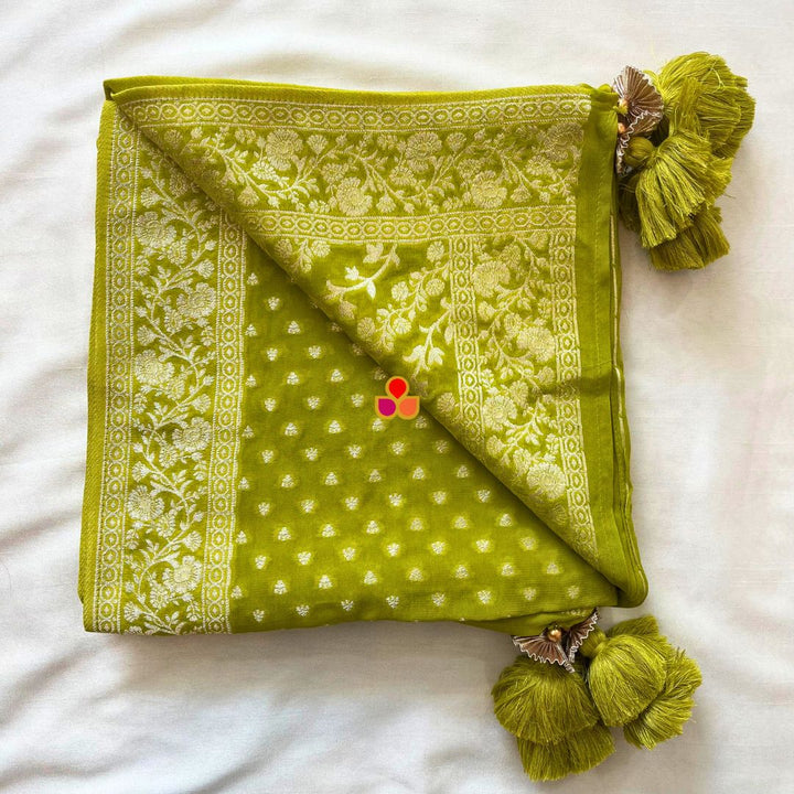 anokherang Dupattas Lime Green Georgette Banarsi Dupatta