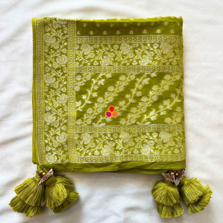 anokherang Dupattas Lime Green Georgette Banarsi Dupatta