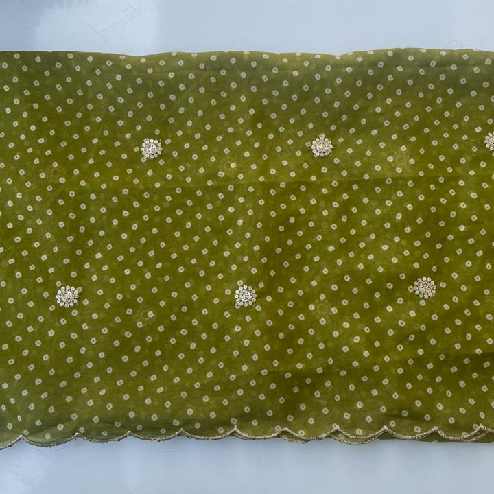 anokherang Dupattas Lime Green Leheriya Embroidered Scalloped Silk Dupatta