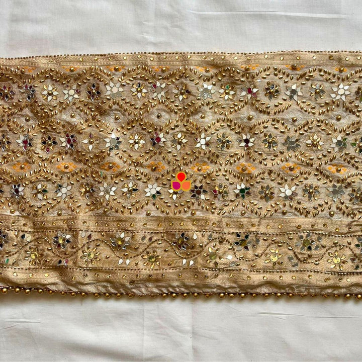anokherang Dupattas Mahjabeen Beige Mirror Work Embroidered Banarasi Bandhej Silk Dupatta