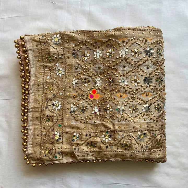 anokherang Dupattas Mahjabeen Beige Mirror Work Embroidered Banarasi Bandhej Silk Dupatta