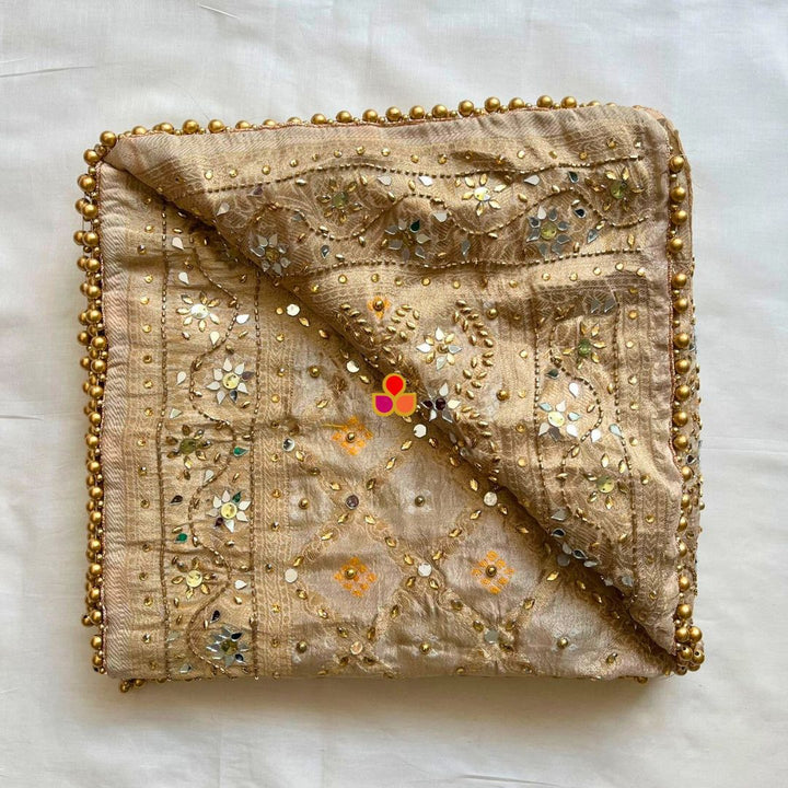 anokherang Dupattas Mahjabeen Beige Mirror Work Embroidered Banarasi Bandhej Silk Dupatta
