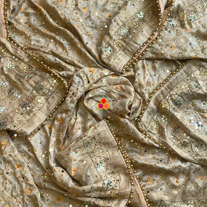 anokherang Dupattas Mahjabeen Beige Mirror Work Embroidered Banarasi Bandhej Silk Dupatta