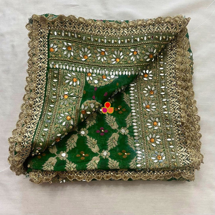anokherang Dupattas Mahjabeen Emerald Green Mirror Work Embroidered Banarasi Georgette Dupatta