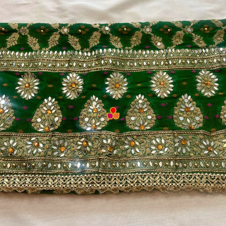 anokherang Dupattas Mahjabeen Emerald Green Mirror Work Embroidered Banarasi Georgette Dupatta