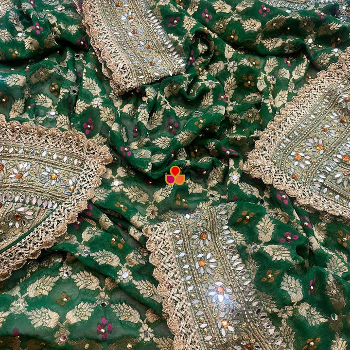 anokherang Dupattas Mahjabeen Emerald Green Mirror Work Embroidered Banarasi Georgette Dupatta