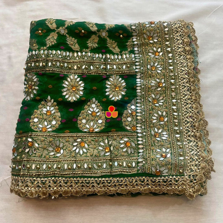 anokherang Dupattas Mahjabeen Emerald Green Mirror Work Embroidered Banarasi Georgette Dupatta
