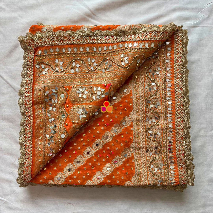 anokherang Dupattas Mahjabeen Orange Mirror Work Embroidered Banarasi Leheriya  Georgette Dupatta