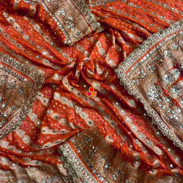 anokherang Dupattas Mahjabeen Orange Mirror Work Embroidered Banarasi Leheriya  Georgette Dupatta