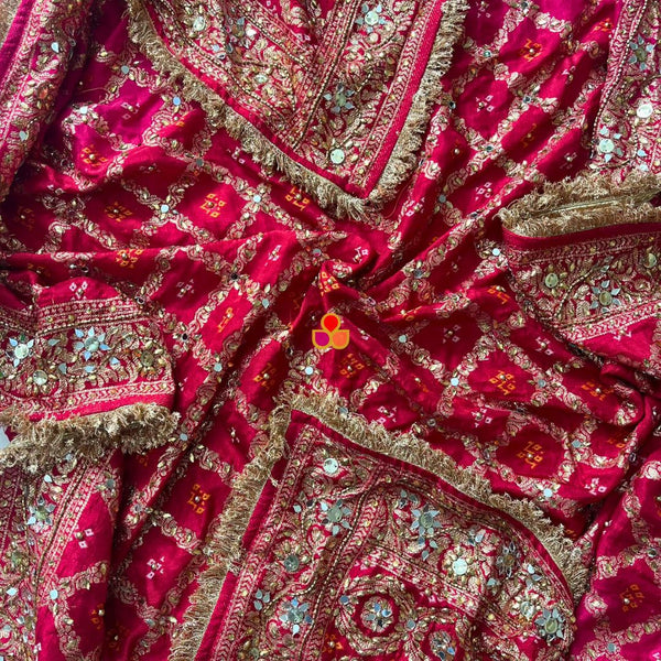 anokherang Dupattas Mahjabeen Pink and Red Shaded Mirror Work Embroidered Banarasi Bandhej Silk Dupatta