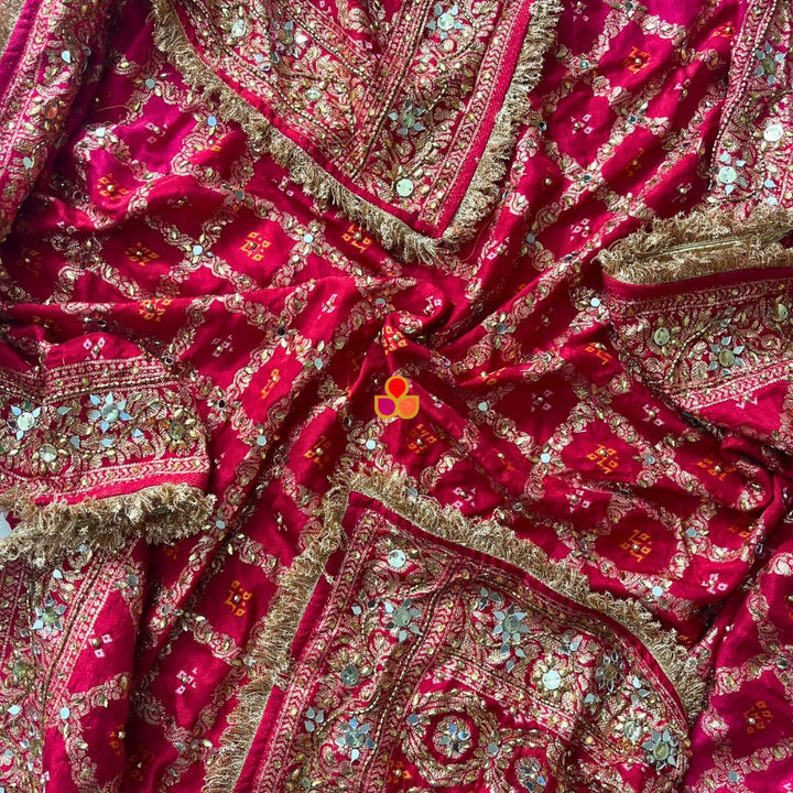 anokherang Dupattas Mahjabeen Pink and Red Shaded Mirror Work Embroidered Banarasi Bandhej Silk Dupatta