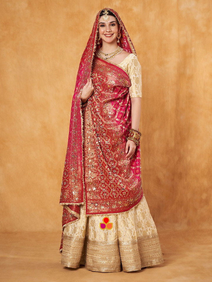anokherang Dupattas Mahjabeen Pink and Red Shaded Mirror Work Embroidered Banarasi Bandhej Silk Dupatta