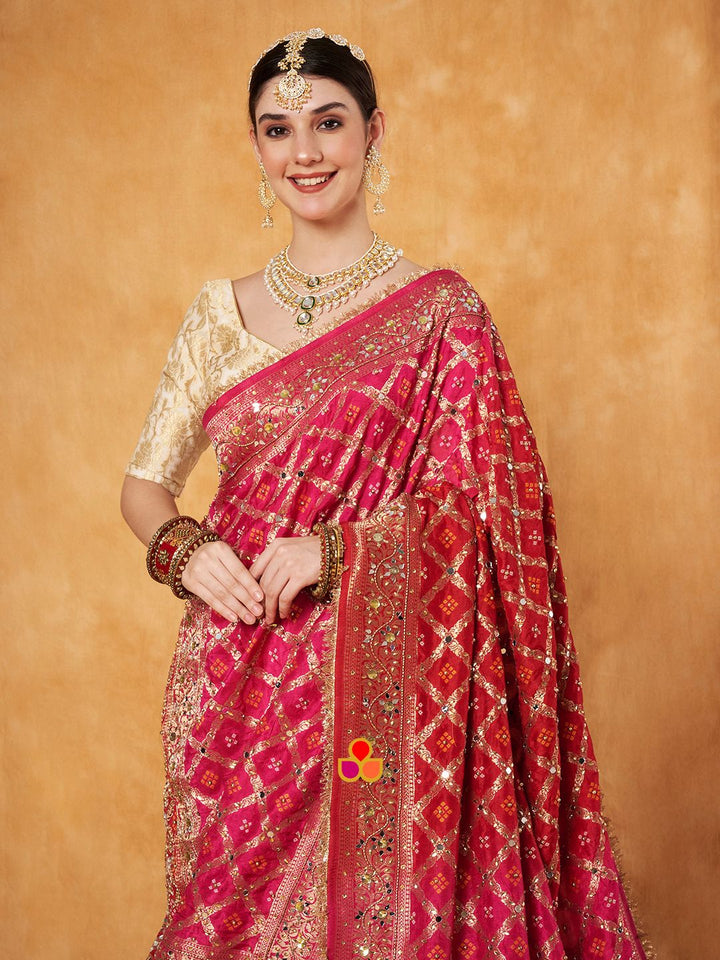 anokherang Dupattas Mahjabeen Pink and Red Shaded Mirror Work Embroidered Banarasi Bandhej Silk Dupatta