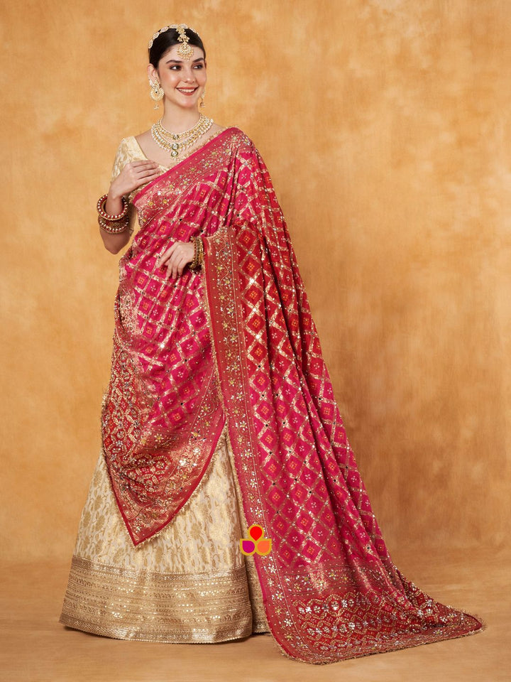 anokherang Dupattas Mahjabeen Pink and Red Shaded Mirror Work Embroidered Banarasi Bandhej Silk Dupatta