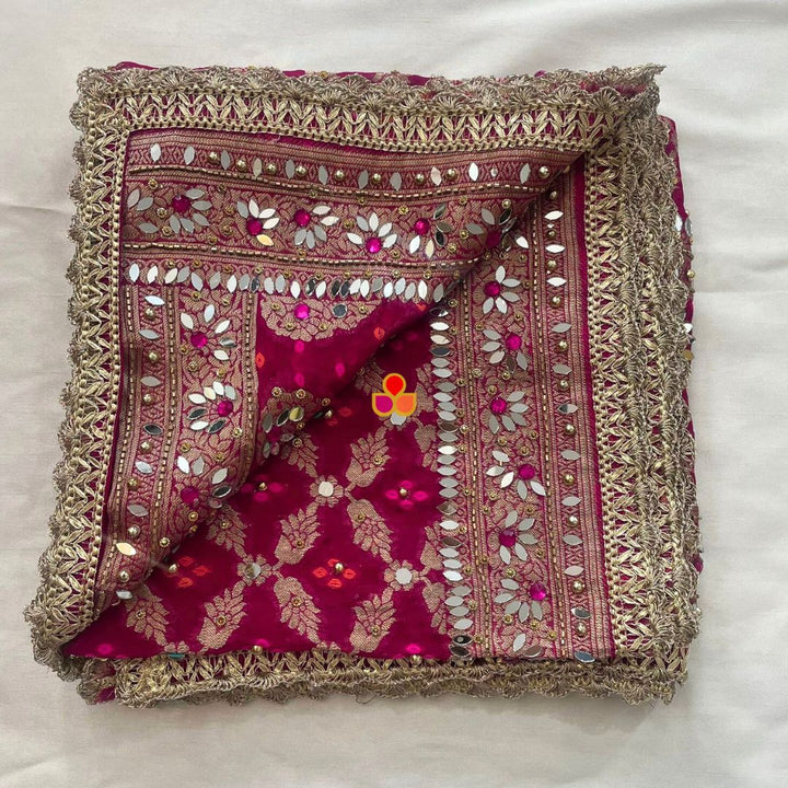 anokherang Dupattas Mahjabeen Pink Mirror Work Embroidered Banarasi Georgette Dupatta