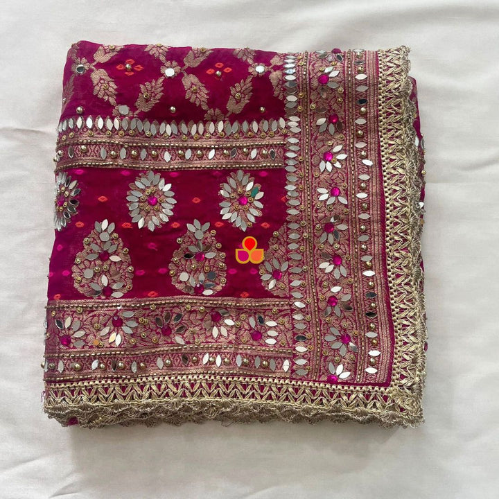 anokherang Dupattas Mahjabeen Pink Mirror Work Embroidered Banarasi Georgette Dupatta