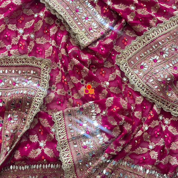 anokherang Dupattas Mahjabeen Pink Mirror Work Embroidered Banarasi Georgette Dupatta