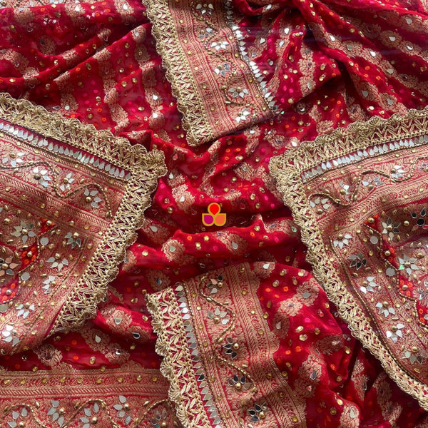 anokherang Dupattas Mahjabeen Red Leheriya Mirror Work Embroidered Banarasi Georgette Dupatta