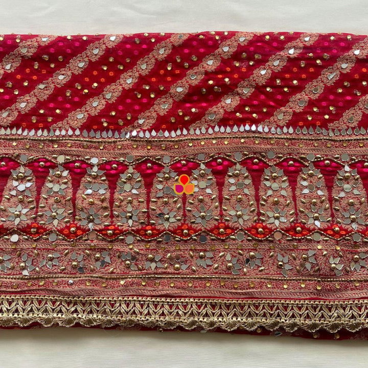 anokherang Dupattas Mahjabeen Red Leheriya Mirror Work Embroidered Banarasi Georgette Dupatta