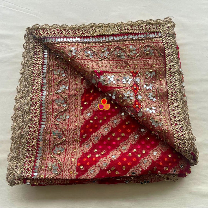 anokherang Dupattas Mahjabeen Red Leheriya Mirror Work Embroidered Banarasi Georgette Dupatta