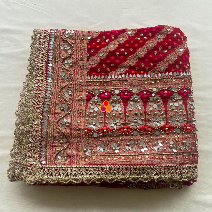 anokherang Dupattas Mahjabeen Red Leheriya Mirror Work Embroidered Banarasi Georgette Dupatta