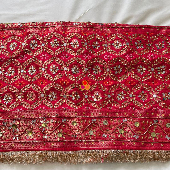 anokherang Dupattas Mahjabeen Red Mirror Work Embroidered Banarasi Bandhej Silk Dupatta