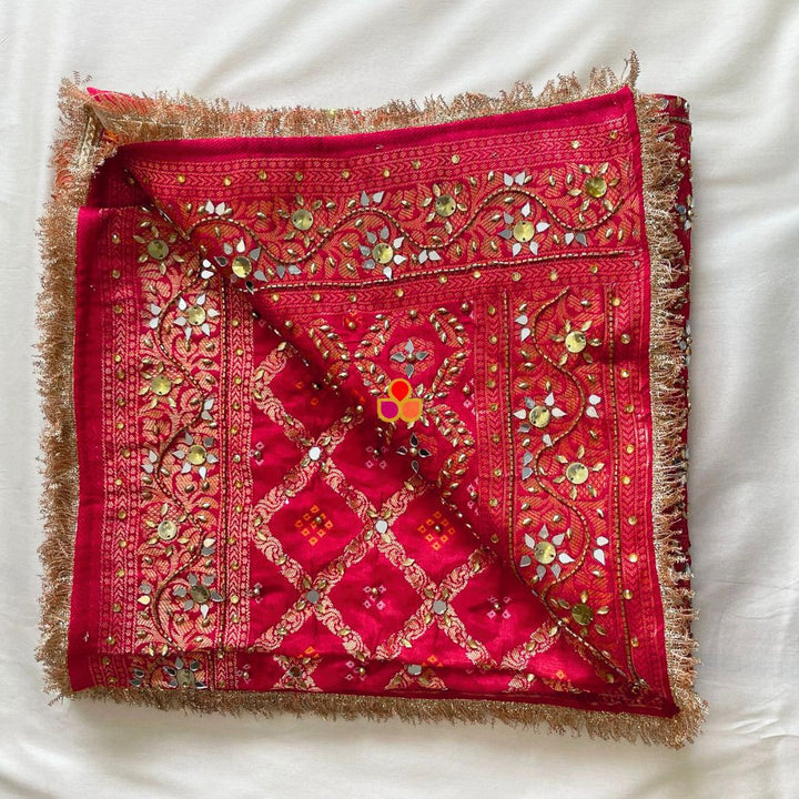 anokherang Dupattas Mahjabeen Red Mirror Work Embroidered Banarasi Bandhej Silk Dupatta