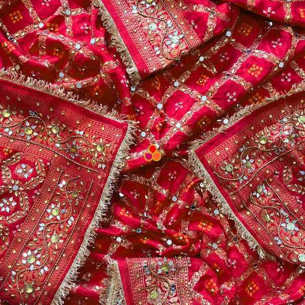 anokherang Dupattas Mahjabeen Red Mirror Work Embroidered Banarasi Bandhej Silk Dupatta