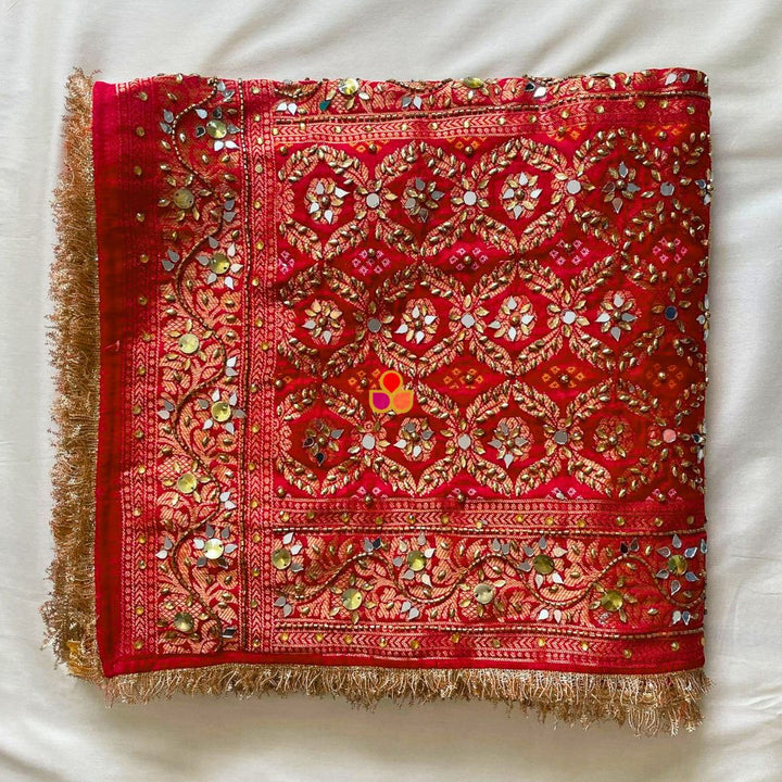 anokherang Dupattas Mahjabeen Red Mirror Work Embroidered Banarasi Bandhej Silk Dupatta
