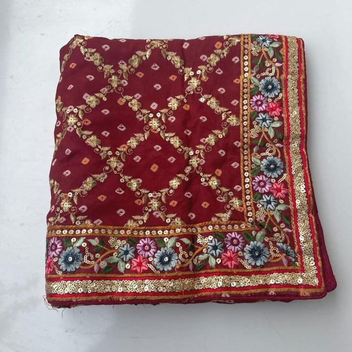 anokherang Dupattas Maroon Bandhej Banarsi Multi Embroidered Dupatta