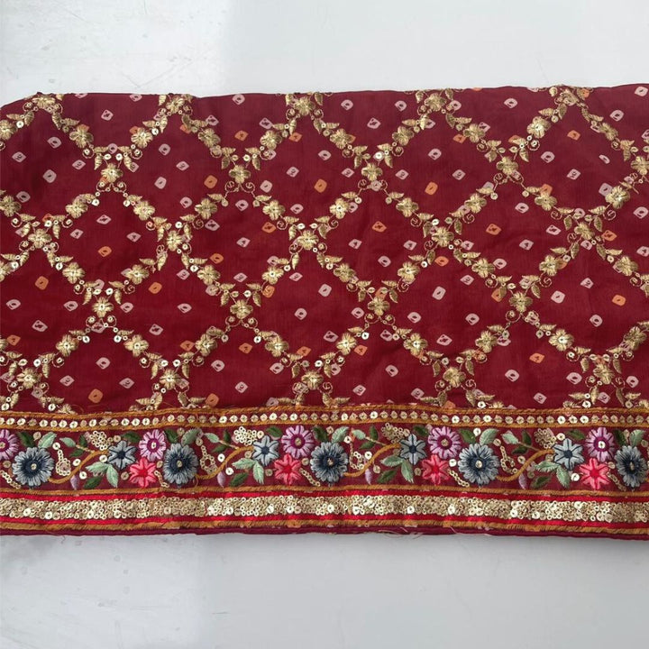 anokherang Dupattas Maroon Bandhej Banarsi Multi Embroidered Dupatta