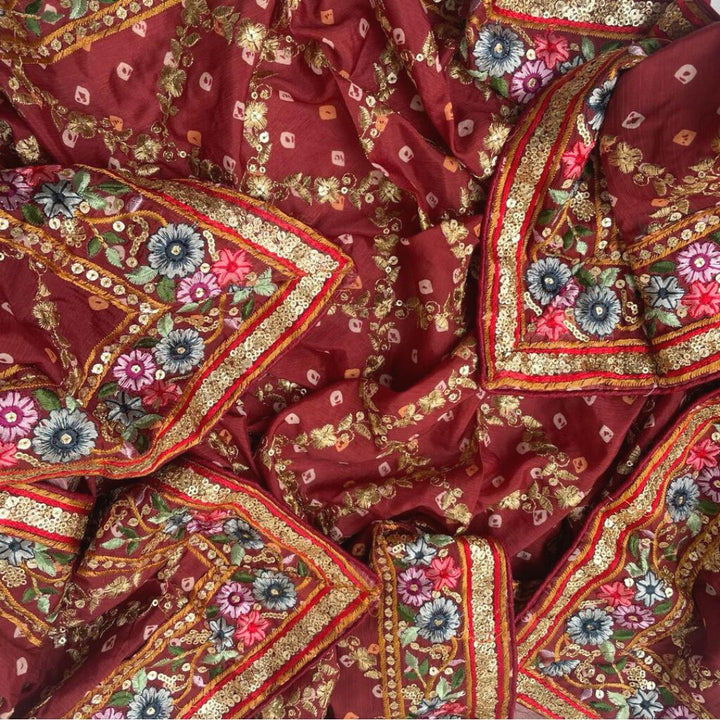 anokherang Dupattas Maroon Bandhej Banarsi Multi Embroidered Dupatta