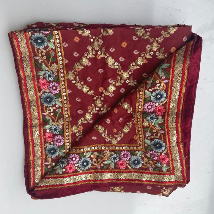 anokherang Dupattas Maroon Bandhej Banarsi Multi Embroidered Dupatta