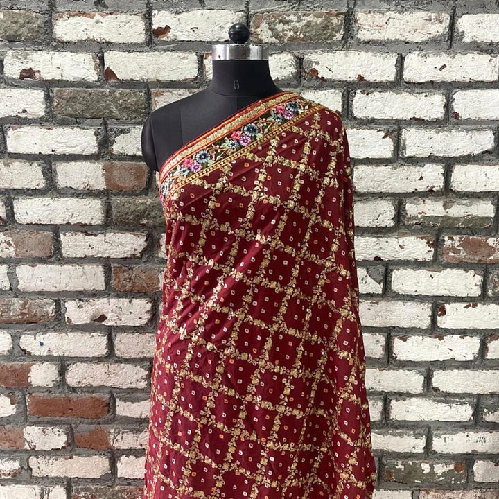 anokherang Dupattas Maroon Bandhej Banarsi Multi Embroidered Dupatta