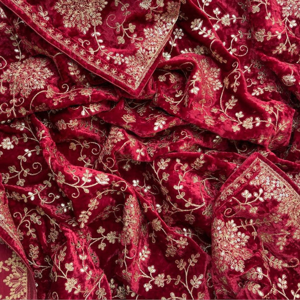 anokherang Dupattas Maroon Floral Grace Zari Embroidered Velvet Dupatta