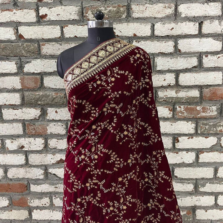 anokherang Dupattas Maroon Floral Grace Zari Embroidered Velvet Dupatta