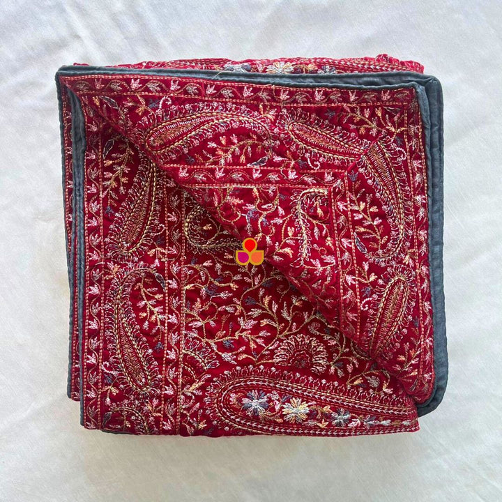 anokherang Dupattas Maroon Kashmiri Thread Embroidered Velvet Dupatta