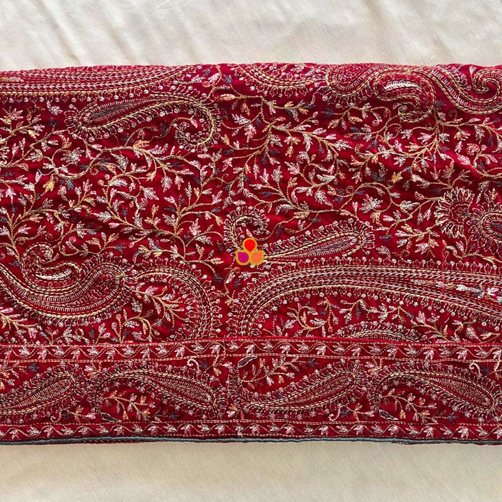 anokherang Dupattas Maroon Kashmiri Thread Embroidered Velvet Dupatta