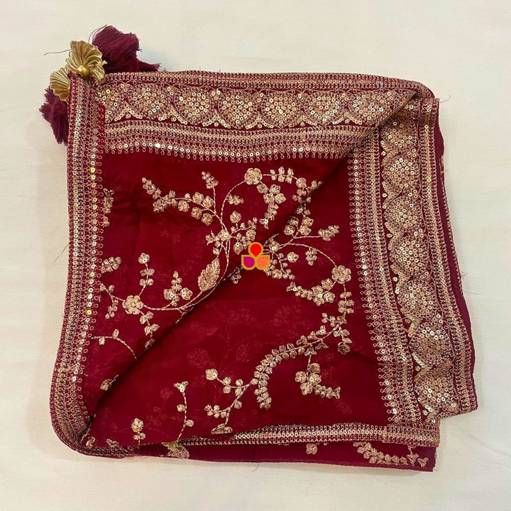 anokherang Dupattas Maroon Regal Zari Embroidered Chinnon Dupatta
