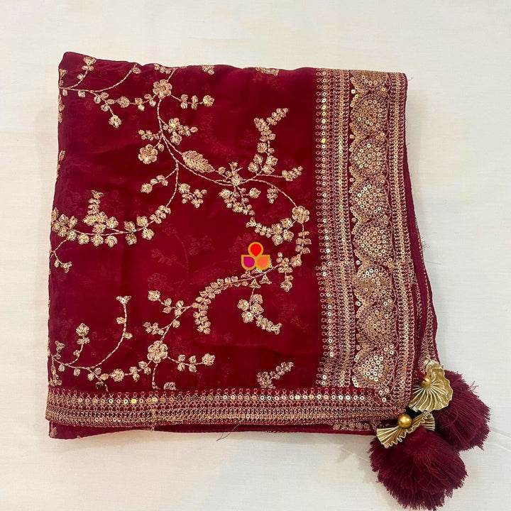 anokherang Dupattas Maroon Regal Zari Embroidered Chinnon Dupatta