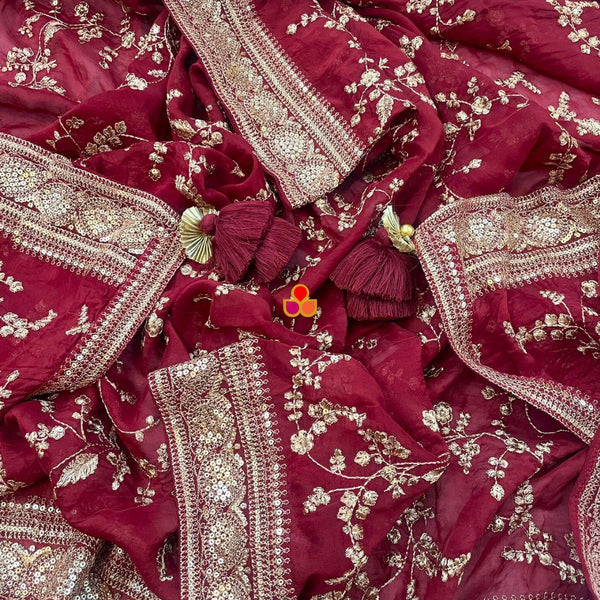 anokherang Dupattas Maroon Regal Zari Embroidered Chinnon Dupatta