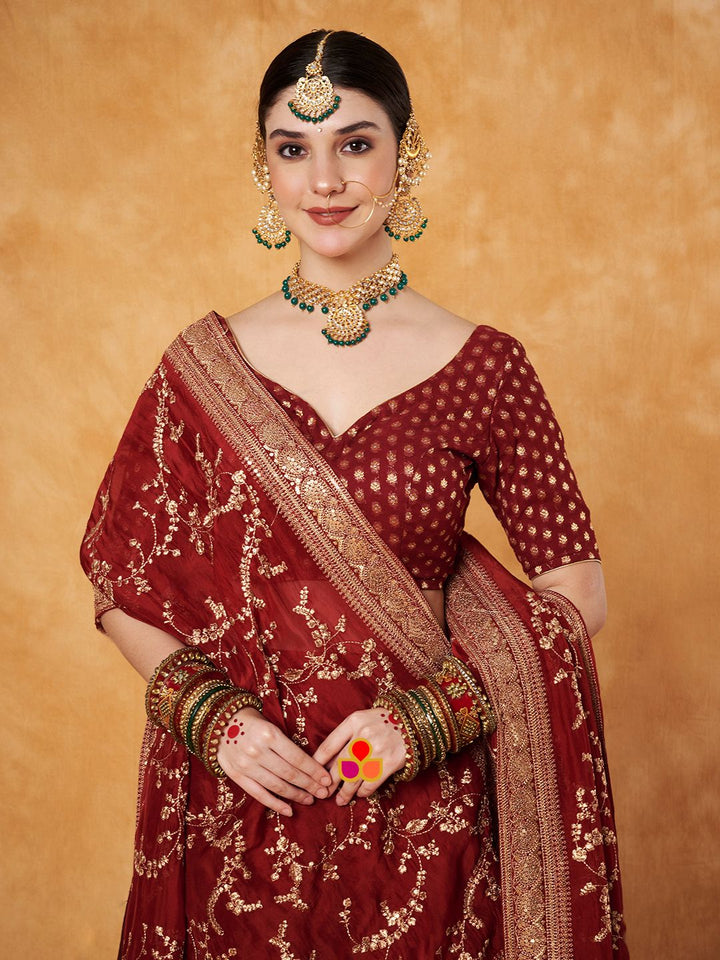anokherang Dupattas Maroon Regal Zari Embroidered Chinnon Dupatta