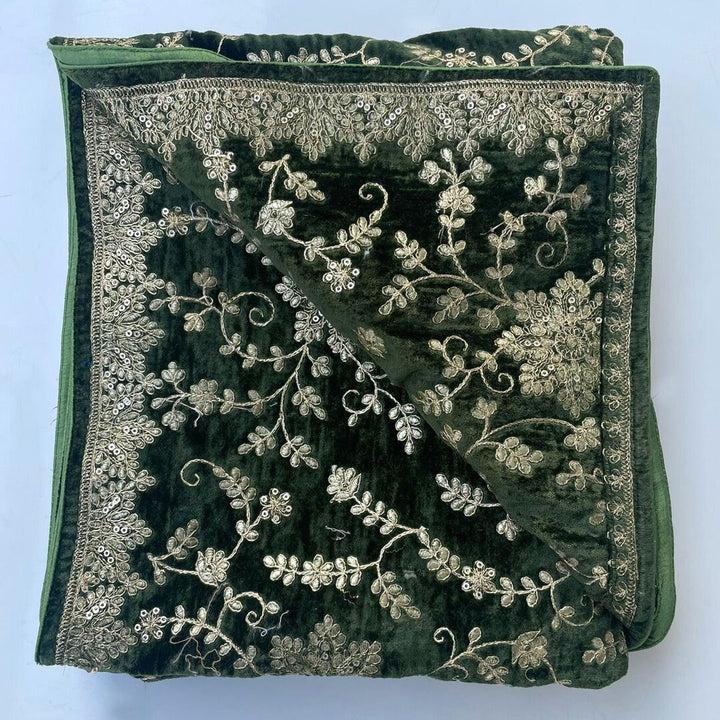 anokherang Dupattas Mehandi Green Grace Sequin Zari Embroidered Velvet Dupatta