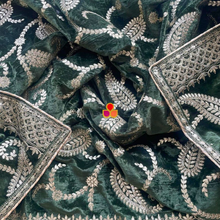 anokherang Dupattas Mehandi Green Grace Sequin Zari Embroidered Velvet Dupatta