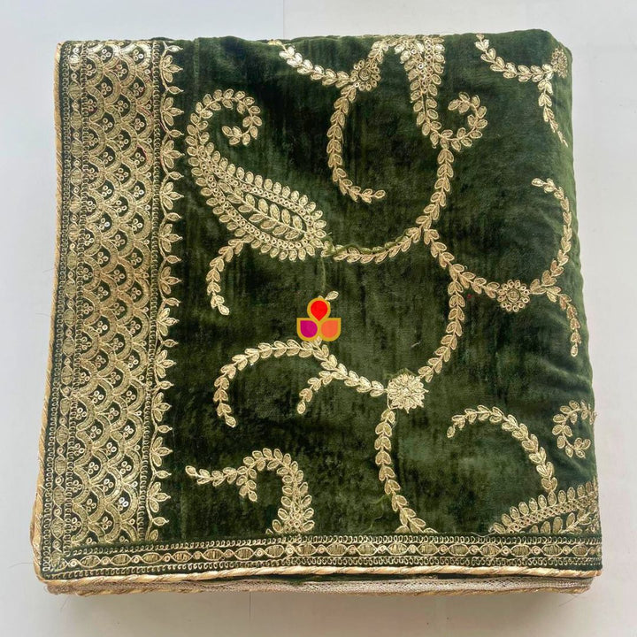 anokherang Dupattas Mehandi Green Grace Sequin Zari Embroidered Velvet Dupatta