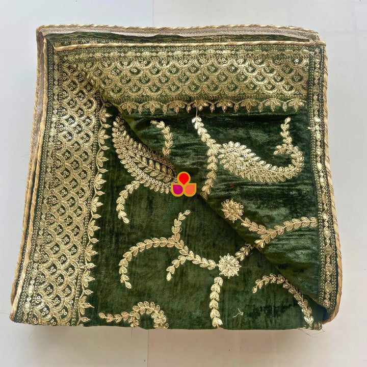 anokherang Dupattas Mehandi Green Grace Sequin Zari Embroidered Velvet Dupatta