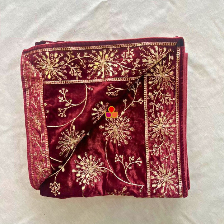 anokherang Dupattas Mehr Maroon Embroidered Velvet Dupatta