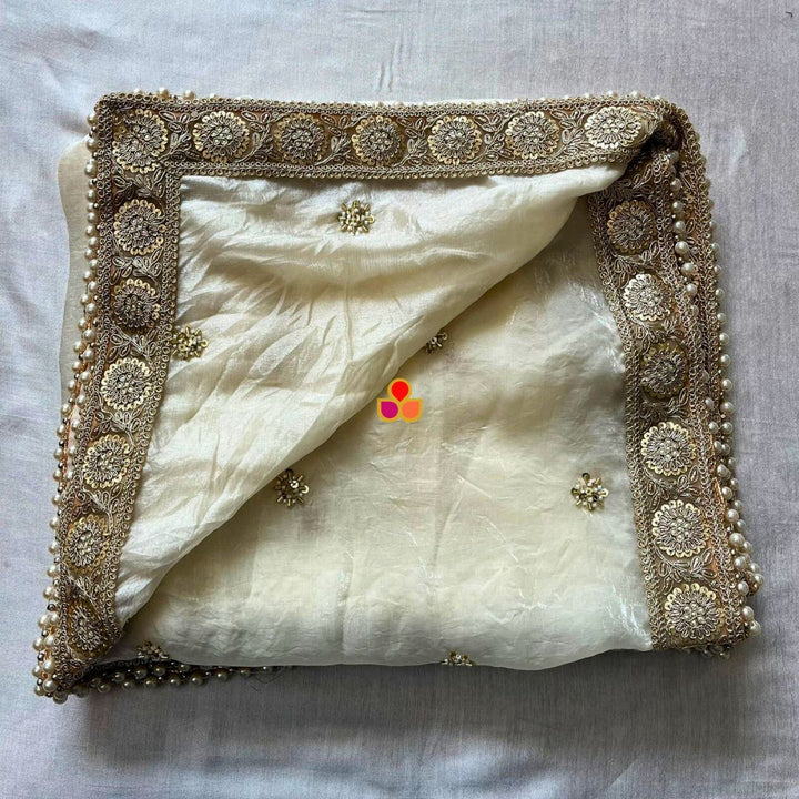 anokherang Dupattas Mehrab Ivory Hand Embroiderded Tissue Organza Dupatta